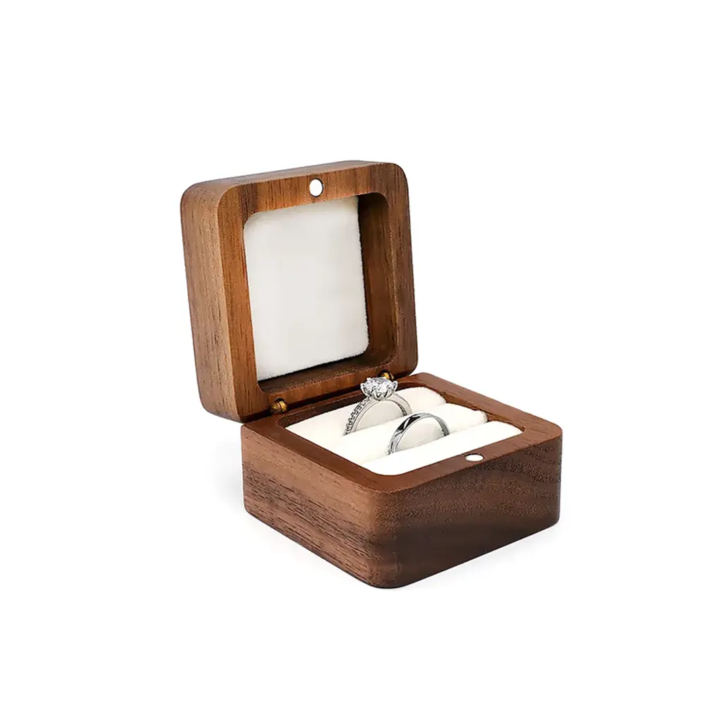 Luxury Handmade Custom Wooden Jewlery Box Vintage Small Double Ring Box Walnut Wooden Wedding Ring Box