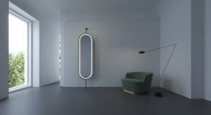 Pill Shape Countertop Illuminated Mirror with Modern Stainless Steel <b>frame</b> - Product Image 1