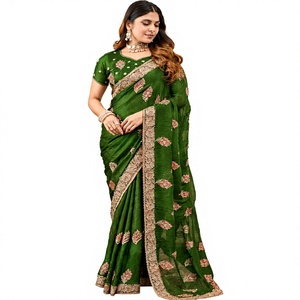 Vexotrend India Pakistan Premium Velvet Satin Traditional <b>Saree</b> for Women Embroidery Swarovski Wrinkle-Free Quick-Dry Wedding - Product Image 1