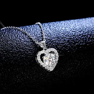 925 Sterling Silver Round Cut Created Moissanite Diamonds Gemstone Pendant Necklace Engagement Heart Necklaces