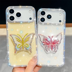 Funda de Lujo con Purpurina y Soporte de Mariposa Transparente para iPhone 17 Air 16 15 14 Pro Max, Carcasa Antigolpes de PC y TPU con Soporte de Diamantes - Product Image 1