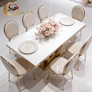 Mesa de Comedor de Lujo Europea con Base de Acero Inoxidable Dorado, Tapa de MDF y Vidrio, Moderna, para Uso en Hoteles y Bodas - Product Image 3