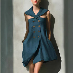 2026 TK HOT SELL Abito Mini Estivo da Donna in Tessuto Intrecciato con Collo a Scialle, Bottoni a Doppia Fila e Tasche, Stile Moda Transfrontaliero - Product Image 3