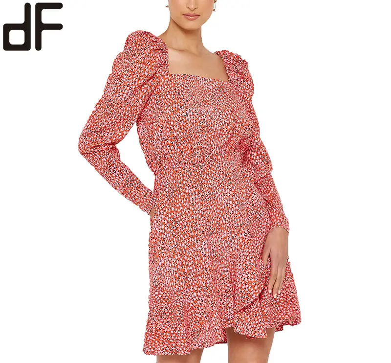 Dress Mini wanita, Gaun cetakan Digital Polka Dot lengan panjang Puff pola leher persegi kasual perempuan