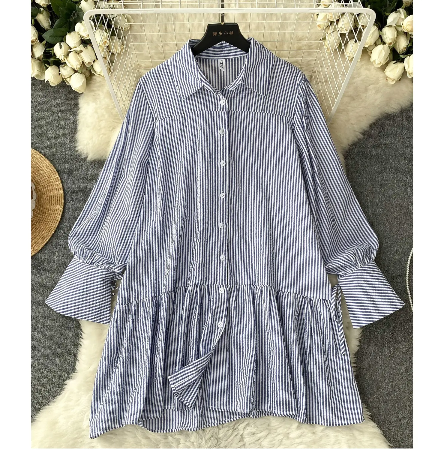 Vestido de camisa listrada estilo japonês para mulheres, vestido polo casual de verão com gola solta