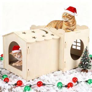 <span class=keywords><strong>Maison</strong></span> à gratter pour chat en bois, <span class=keywords><strong>maison</strong></span> pour chat avec tapis à gratter en <span class=keywords><strong>carton</strong></span>, lit pour chatons à 2 niveaux robuste pour l'intérieur avec évents - Product Image 1
