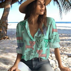 เสื้อชีฟองผู้หญิงทรงหลวม ดีไซน์ใหม่ปี 2024 ลายแมวน่ารัก พิมพ์ลายดิจิตอล 3 มิติ สไตล์หวานๆ ลายสัตว์สุดฮิต พร้อมดีเทลแบบแมนดาริน - Product Image 2