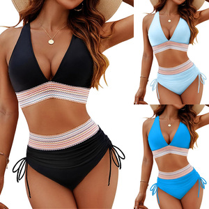 Maillot de bain deux pièces taille haute texturé sur mesure, bikini triangle micro mini string pour femme - Product Image 1