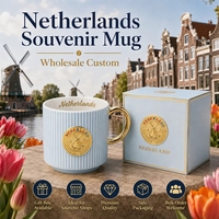 Mug à café en céramique souvenir des Pays-Bas, motif moulin à vent 3D avec insigne métallique doré, en porcelaine fine, personnalisable OEM ODM, vente en gros