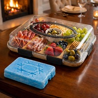 Plateau à charcuterie en bambou avec couvercle, 2 blocs de glace, coupelles à sauce et poignée – Plateau de service portable pour fromages et fruits, idéal pour pique-niques et fêtes