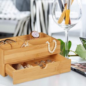 Bamboo Cosmetic Storage <b>Box</b> With Drawer And Compartments For Jewelry <b>Makeup</b> Desktop Organizer Minimalist Style Rectangle Shape - Product Image 1