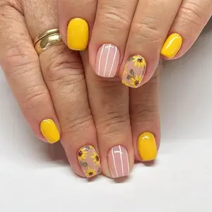Flower Yellow Finger fake Nails supplier Long Coffin Salon False Nails Colorful Press On Nails