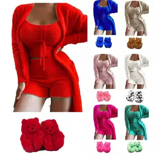 Fall 2022 Women Clothes Winter 3 Piece Set Plush Pajamas Fuzzy Home Wear Crop Top And Short Set Velvet Pajama Set