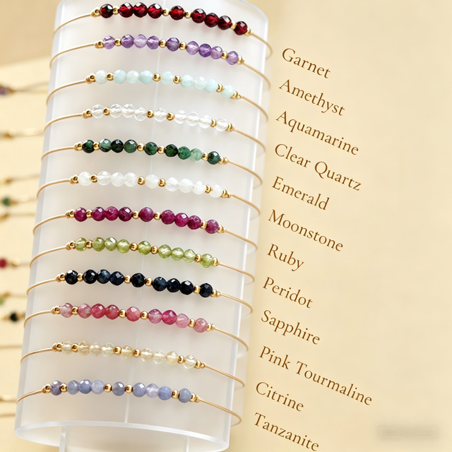 Handmade Adjustable Birthstone Bracelet 12 Months Natural Stone 18K Gold Plated Beaded Waterproof Bohemian Style Friendship Gift