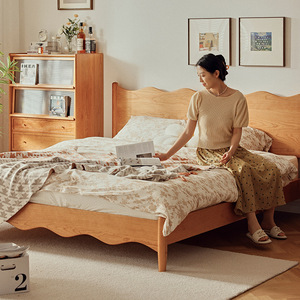 Yangge Nordic Solid Wood <b>Bed</b> Cherry Wood 1.8M <b>Double</b> <b>Platform</b> <b>Bed</b> Japanese Style Wave Pattern Simple Design - Product Image 3