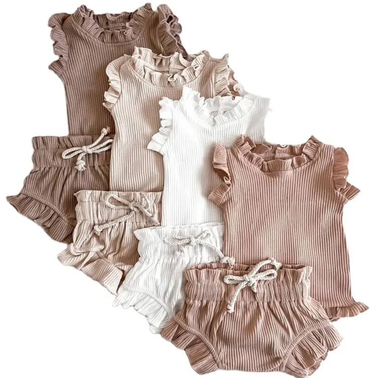 Q30223 Factory Customize 2 Pieces Linen Baby Girls Ruffles rompers & shorts New Born Sleeping summer Girl Baby Clothes Sets