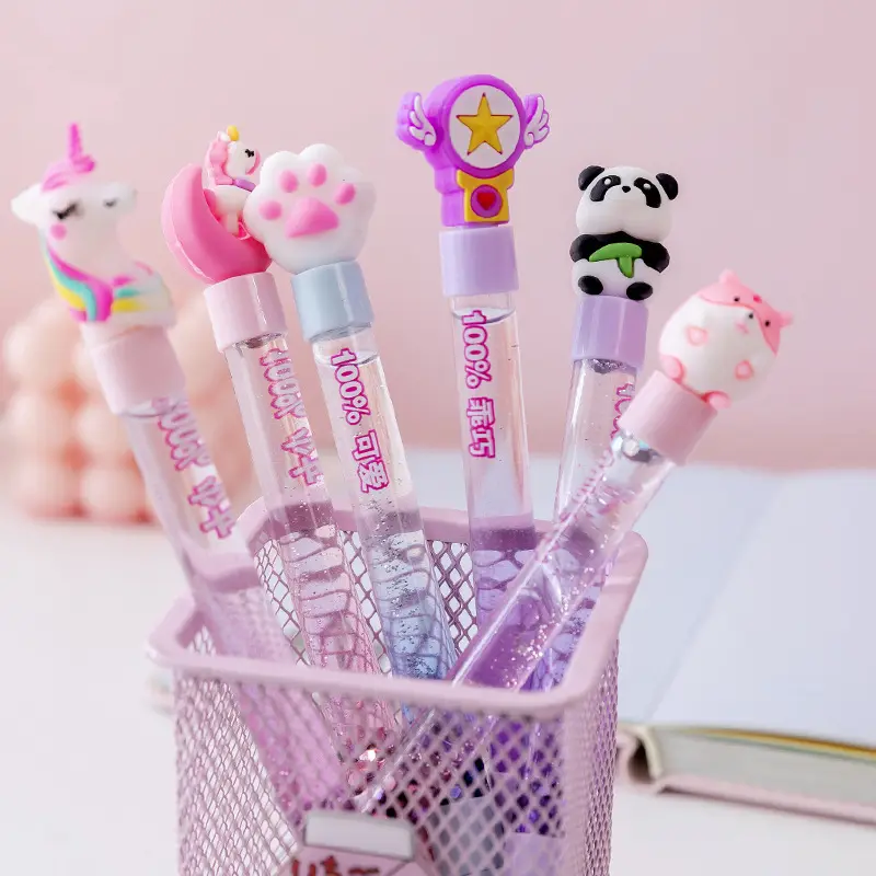 Custom cartoon pink korean cute promotional gift creative girl colorful floating liquid glitter gel pen