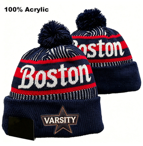 Gorro de Punto Retro de la Serie Boston City, Edición con Forro Polar Grueso, Gorro de Invierno con Pompón, Azul Marino/Rojo, Gorra Deportiva para el Día del Partido - Product Image 2