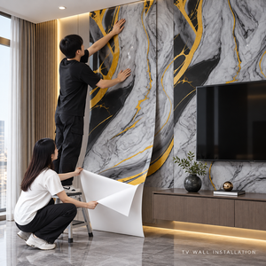 วอลเปเปอร์ลายหินอ่อนสีดำขาวทอง ขนาด 60x60 ซม. แบบลอกและติด พร้อมพื้นผิว PET และโฟม IXPE สำหรับผนังภายใน รุ่น 653D1 - Product Image 4