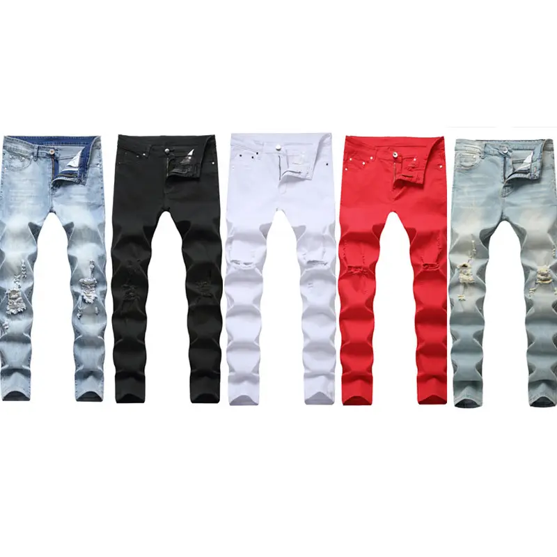 Men's Vintage Washed Jeans Men's Perforated Slim Fit Pants Men's Youth Fashion Jeans