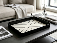 Plateau décoratif carré en fer thermolaqué, plateau de service en métal noir avec base à motif géométrique pour présentation sur table