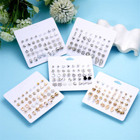 Grosir 12 Pasang Set Perhiasan Telinga Trendy Bentuk Hati & Bunga Bintang Kecil, Mutiara Imitasi & Batu Zirkon Rhinestone Cantik Untuk Wanita