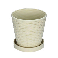 Pot de fleurs cylindrique en résine imitation rotin avec soucoupe, design minimaliste pour plantes succulentes, herbes et bonsaïs, idéal pour l'intérieur et le balcon.