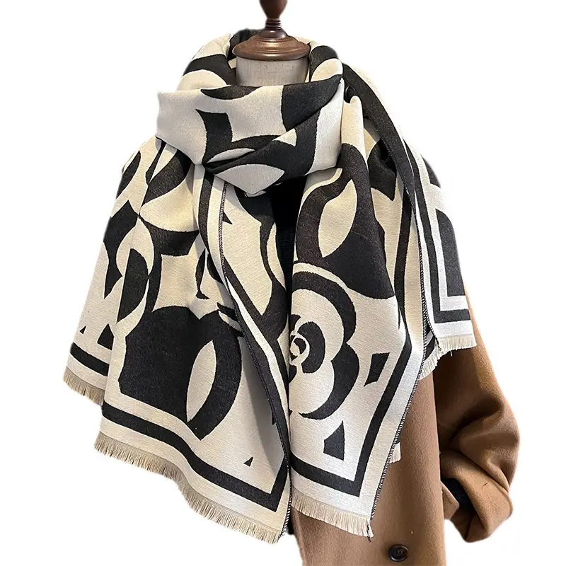 Camellia Fashion New Winter Thickened Imitation Cashmere Scarf Custom Logo Floral and Checkered Leaf Pattern Shawl for Women