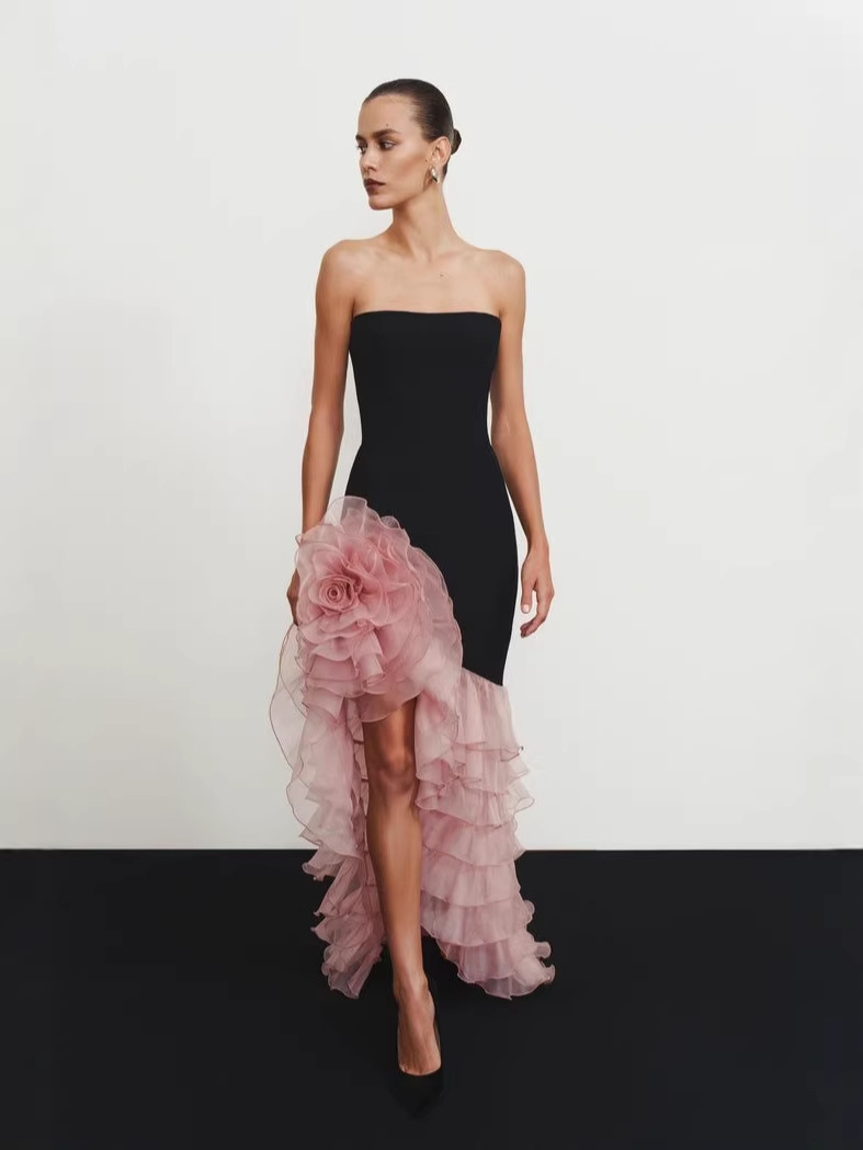 strapless open back dress The Kinsley Maxi Dress in Hot Pink & Black – Solace London main image 1