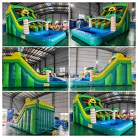 Toboggan aquatique gonflable commercial à double piste avec palmier et piscine à jets d'eau en PVC étanche pour la location événementielle et les entreprises