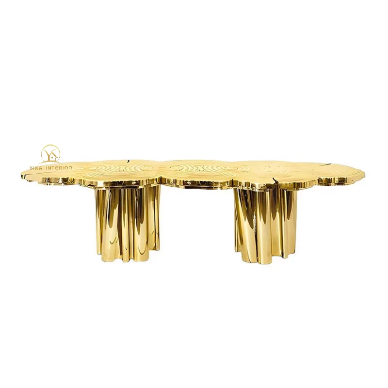 Mesa de jantar personalizada em aço inoxidável dourado com desenho Boca Do Lobo, raízes de árvores longas, design irregular, para casa de campo, família grande