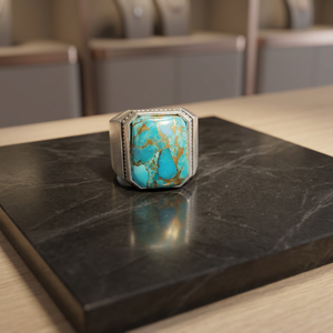 Bague de mariage pour homme en turquoise bleue, argent sterling 925 massif, design unique, plaqué rhodium noir, style bohème, sertissage clos, pour soirée - Product Image 1