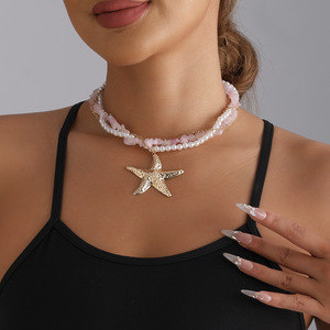 Joyería Fresh Ins Style Piedra triturada Cuarzo Rosa Estrella de mar Colgante Playa Vacaciones Collar informal - Product Image 4