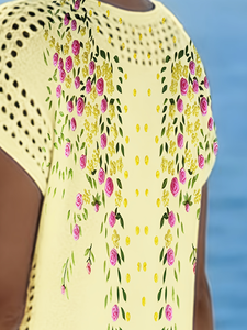 Vestido Midi de Punto Floral para Mujer, Verano 2026, Cuello en V, Manga Corta, Malla Pointelle, Vestido de Playa, 100% Poliéster, Estampado - Product Image 5
