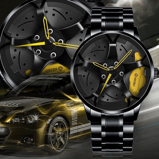 Latest Fashion Alloy Quartz Glass Sports Wheel Car Wrist Watch for Men with Unique 3D Design and Black Rim