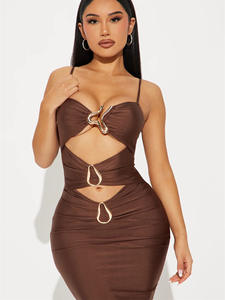 यूरोप और अमेरिका में नई क्रॉस-बॉर्डर स्लिम सेक्सी ठोस रंग धातु डिजाइन खोखले स्लिंग बैग हिप लंबी स्कर्ट पोशाक महिला - Product Image 2