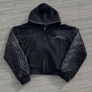 Sudadera con capucha de algodón de lujo al por mayor, personalizada, estilo streetwear, con estampado liso, de forro polar grueso, con lavado ácido, efecto desgastado por el sol, vintage, rasgada, con pedrería y cremallera - Product Image 2