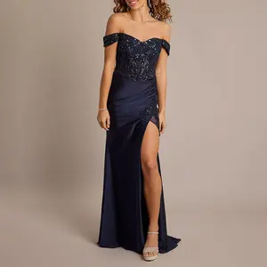 GDTEX High Quality Custom Sequin Applique Satin Off-shoulder Sheath Dress Open Back Prom Dress For Birthday Party Club Dress