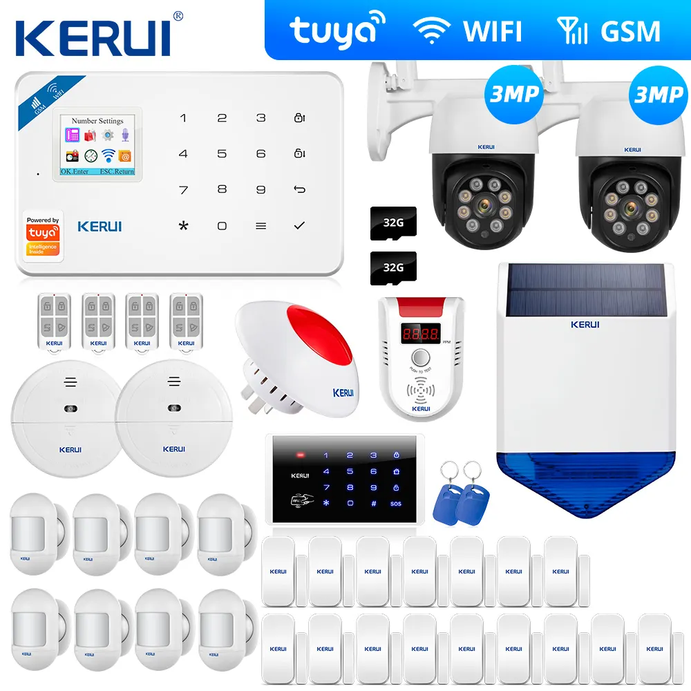 KERUI W181 Tuya Alarm kit Camera WIFI GSMHome Burglar Security System Curtain Motion Sensor Wireless Solar Siren IP Camera