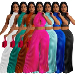 2024 New Fashion Hanging Neck Backless Silk Pressed Pleated Wide Leg Loose Women Clothes Two-Piece Pants Sets