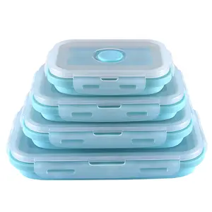HYRI 2024 Popular 4-Piece Square Collapsible Food Storage Container Kitchen Silicone Durable Children Lunch Box