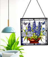 Panneau de vitrail suspendu carré Bluebonnet motif Fleur d'iris bleue et Papillon, 78 pouces, en verre véritable, attrape-soleil, décoration maison et jardin, cadeau