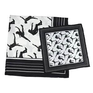 Ensemble de mouchoirs d'écharpe de créateur en sergé de soie noir et blanc faits à la main Fabricants de foulards imprimés personnalisés