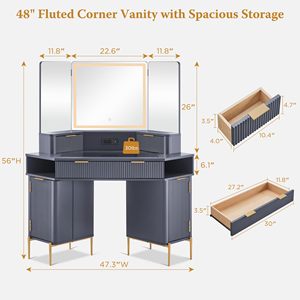 AJUNION 48 "moderno acanalado de madera maquillaje vanidad vidrio superior tocador 3 paneles espejos esquina maquillaje tocador <span class=keywords><strong>con</strong></span> 3 <span class=keywords><strong>luces</strong></span> Led - Product Image 6