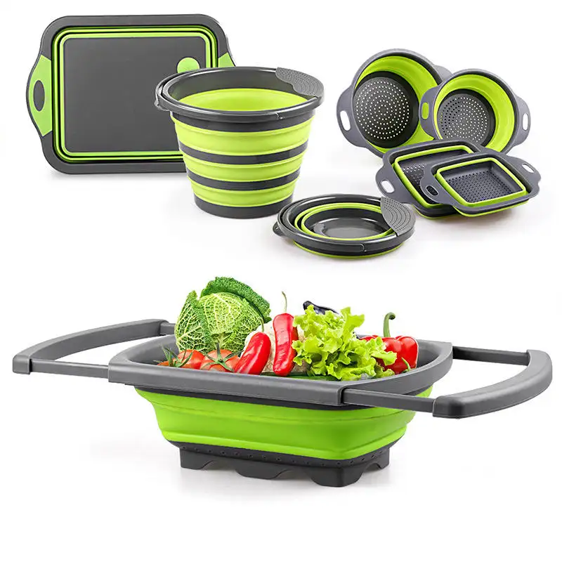 MU New Arrival Flexible Folding Vegetable Strainer Collapsible Retractable Set With Handle Washing Drying Storage Basket