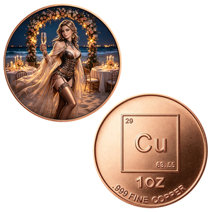 Moneda de cobre puro .999 de 1 onza personalizada, diseño elegante de dama con champán, cena en la playa, moneda de cobre rojo fino para colección o regalo. - Product Image 1