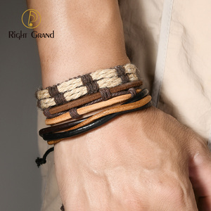 Punk retro phong cách đàn hồi dừa <span class=keywords><strong>Shell</strong></span> hạt người đàn ông có thể điều chỉnh handmade bện gai Rope bọc vòng đeo tay thiết lập - Product Image 1