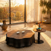 Table Basse de Salon Moderne, Durable et Multifonctionnelle, avec Panneau en Verre Technologique Brillant, Design Pétale Irrégulier, Finition Bois et Roue Métallique, Vente Directe Usine