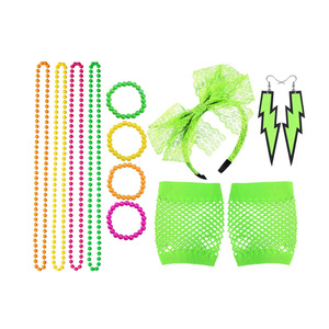 Conjunto de accesorios de disfraz para mujer de los años 80: collar de cuentas de neón, pulsera, diadema de encaje, pendientes de rayo y guantes de rejilla para fiesta de graduación - Product Image 3