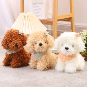 Cute Teddy Dog <b>Plush</b> <b>Toy</b> With Plaid Bandana Bowknot Curly Stuffed Puppy Doll For Kids Birthday Gift Home Decor - Product Image 1